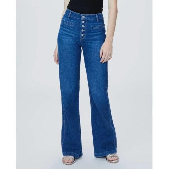 Paige Leenah Wide Leg High-Rise Exposed Button Fly Jeans, Med Blue, 25 - Picture 2 of 10
